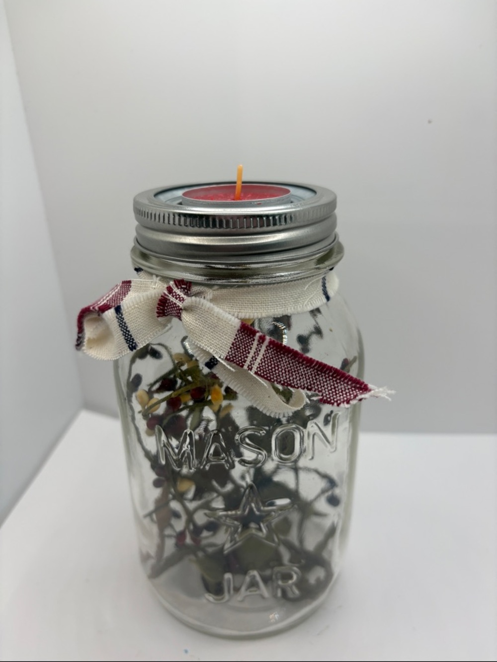 Vintage Mason STAR Jar Tealight Candle HOLDER W/ RUSTIC BERRIES, AND TIN HEARTS